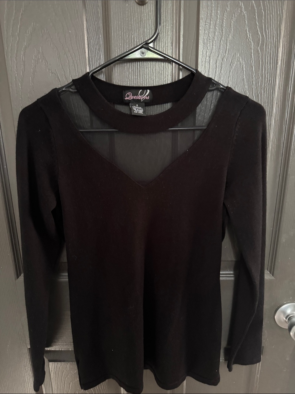 Question’s Black V‑Neck mesh cutout Long Sleeve Top